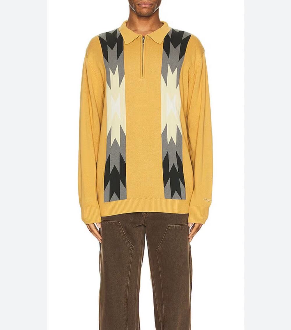 Malbon Cotton Quarter Zip Sundance Intarsia Knit Polo Sweater Yellow Large